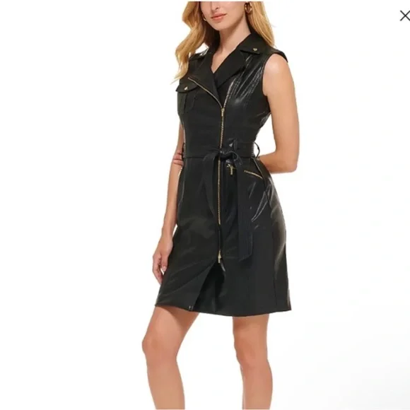 spring leather dress Black Textured Faux Leather Button Down Mini Dress main image 1